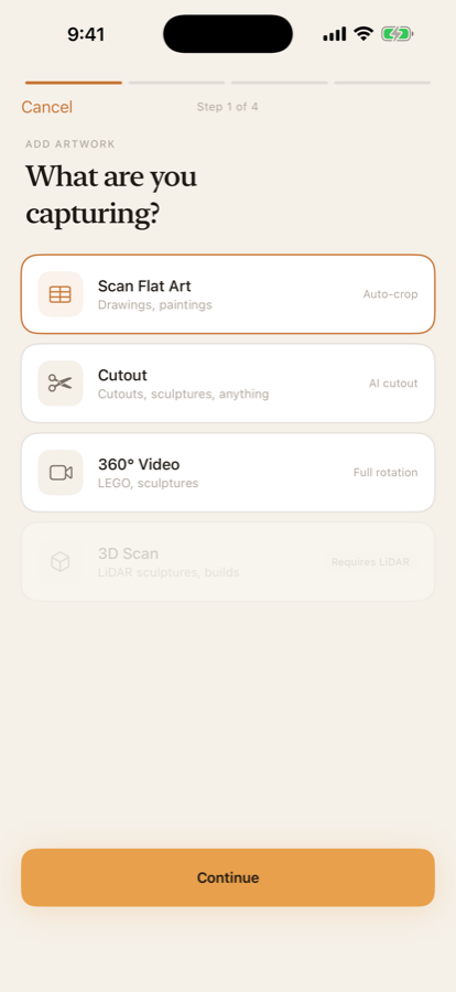 Choose between flat scan, 360° turntable, or 3D model capture